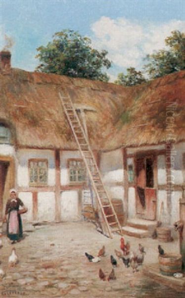 Skansk Gardsinterior Med Pickande Hons Vid Brunn Oil Painting by Frans Wilhelm Odelmark