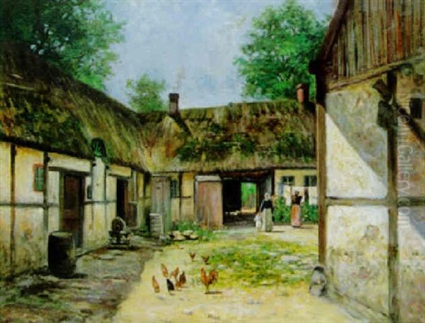 Gardsinterior Med Kvinnor, Barn Och Hons, Falsterbo Oil Painting by Frans Wilhelm Odelmark