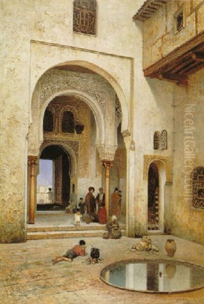 A Courtyard Oil Painting by Frans Wilhelm Odelmark