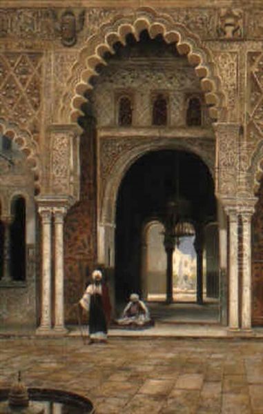 Arabs In A Courtyard Oil Painting by Frans Wilhelm Odelmark