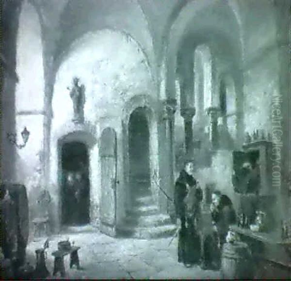 Vinprovning-interior Av En Klosterkallare Med Munkar Oil Painting by Frans Wilhelm Odelmark