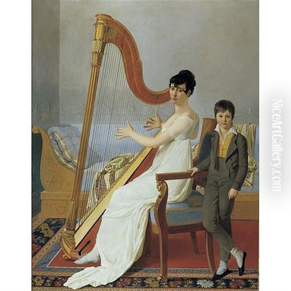 Portrait Of A Lady (madame Vigier?) And Her Son Oil Painting by Joseph Dionysius Odevaere