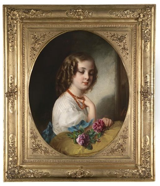 Madchenportrait Mit Korallenkette Und Rosen Oil Painting by Aristides Oeconomo