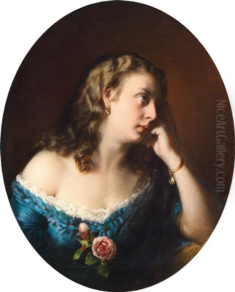 In Gedanken, Dame Im Blauen Kleid Mit Rosen Oil Painting by Aristides Oeconomo