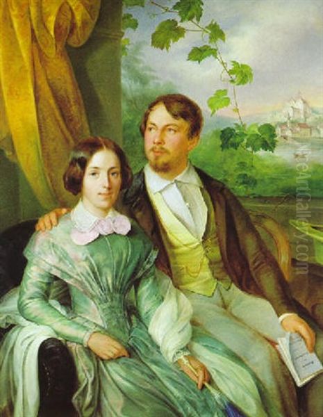 Portrait Eines Eleganten Jungen Paares Vor Ausblick Auf Eine Landschaft Mit Burgansicht, Der Her Hallt Den Kosmos Von Wilhelm Von Humboldt In Handen Oil Painting by Aristides Oeconomo