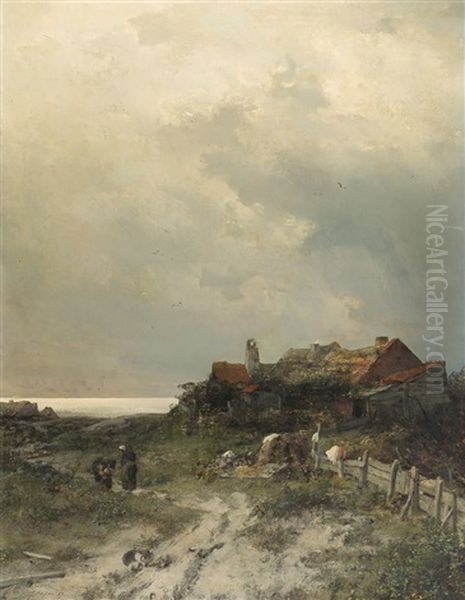 Nordische Kustenlandschaft Mit Strohgedeckten Hausern Oil Painting by Georg Oeder