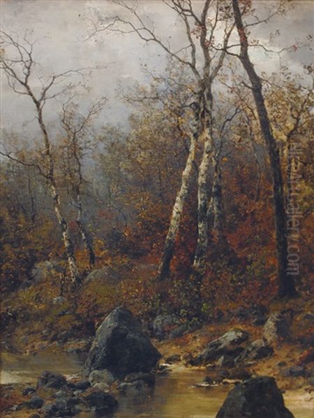 Autumnal Birch Trees On A Creek Oil Painting by Georg Oeder