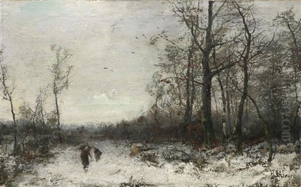 Reisigsammler Im Winterwald Oil Painting by Georg Oeder