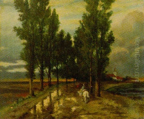 Landskab Med Personer Pa Vej Mellem Hoje Traeer, I Baggrunden By Oil Painting by Georg Oeder