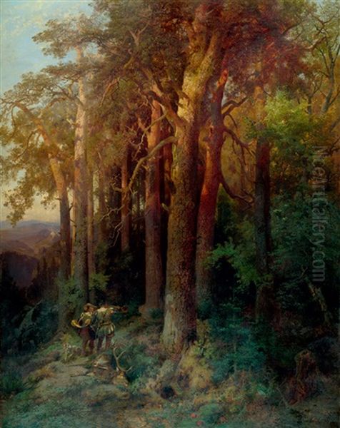 Waldlandschaft Im Abendlicht Mit Zwei Jagern Oil Painting by Ernst Erwin Oehme