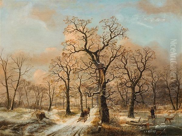 Winterlandschaft Mit Pferdeschlitten Oil Painting by Ernst Ferdinand Oehme