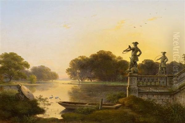 Parklandschaft Am Jagdschloss Moritzburg Oil Painting by Ernst Ferdinand Oehme