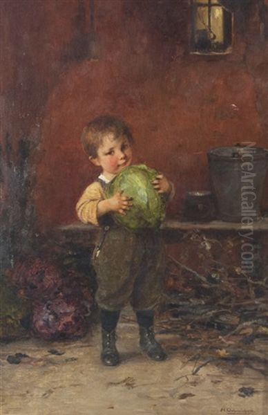 Little Boy Holding A Cabbage Oil Painting by Hugo Oehmichen