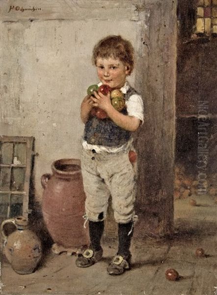 Boy With Apples Oil Painting by Hugo Oehmichen