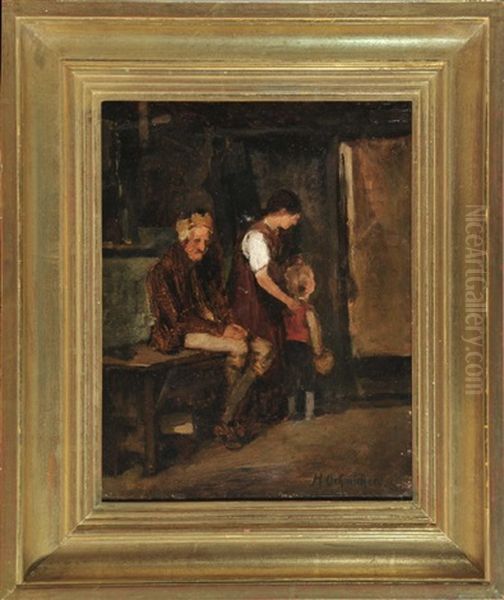 Sitzender Alter Mann Und Zwei Kinder In Der Stube Oil Painting by Hugo Oehmichen