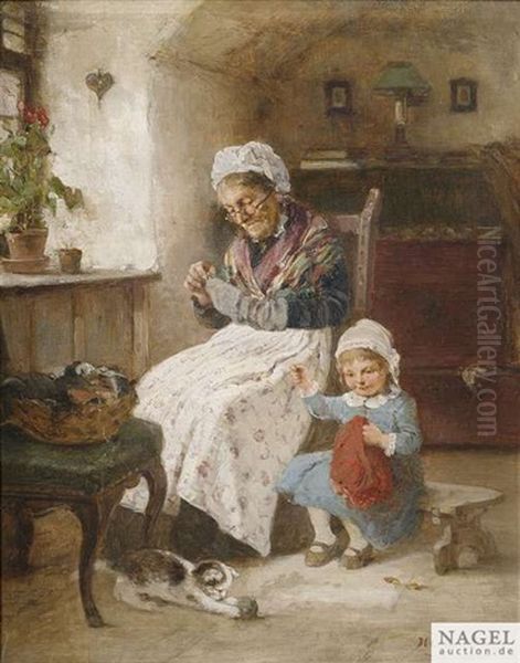 Grosmutter Und Enkelin Bei Der Handarbeit Im Stubeninterieur Oil Painting by Hugo Oehmichen