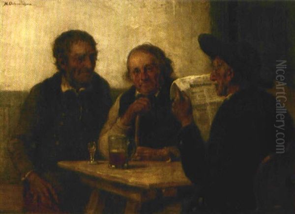 Wirtshausszene Mit Drei Alteren Herren Am Stammtisch, Einer Von Ihnen Bei Der Zeitungslekture Oil Painting by Hugo Oehmichen