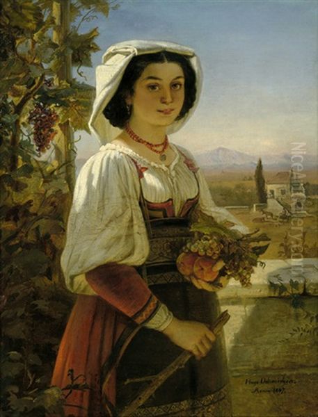 Junge Italienerin Mit Weintrauben Und Pfirsichen Vor Campagnalandschaft Oil Painting by Hugo Oehmichen