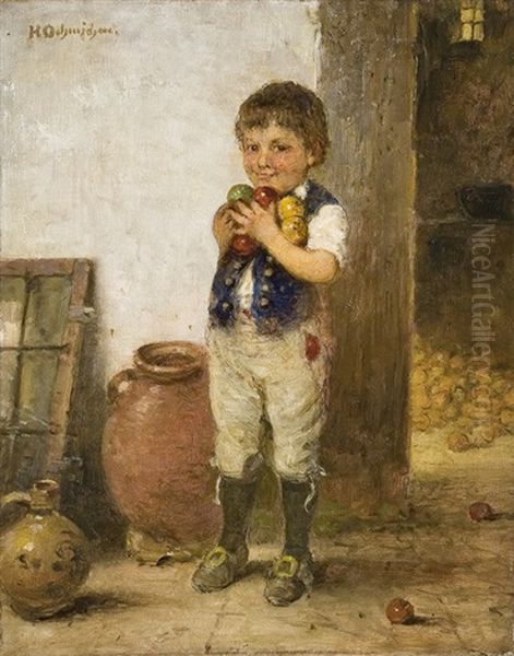 Boy With Apples Oil Painting by Hugo Oehmichen