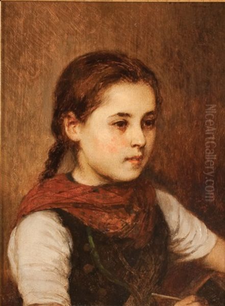 Portrait Of A Girl With Red Scarf Oil Painting by Hugo Oehmichen