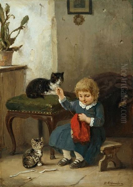 Kleines Madchen Mit Zwei Katzen Oil Painting by Hugo Oehmichen