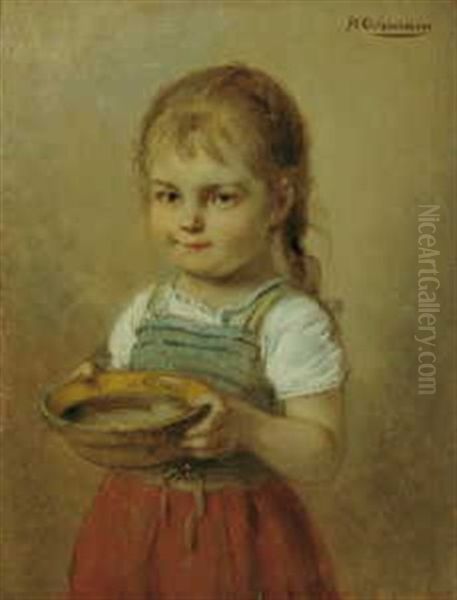 Kleines Madchen Mit Milchschussel Oil Painting by Hugo Oehmichen