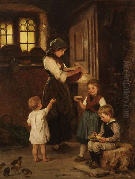 Vesper - Bauernmadchen Mit Ihren Drei Geschwistern Am Brotschrank Oil Painting by Hugo Oehmichen