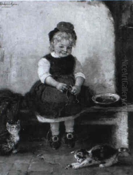 Kleines Madchen Mit Zwei K,tzchen Spielend Oil Painting by Hugo Oehmichen