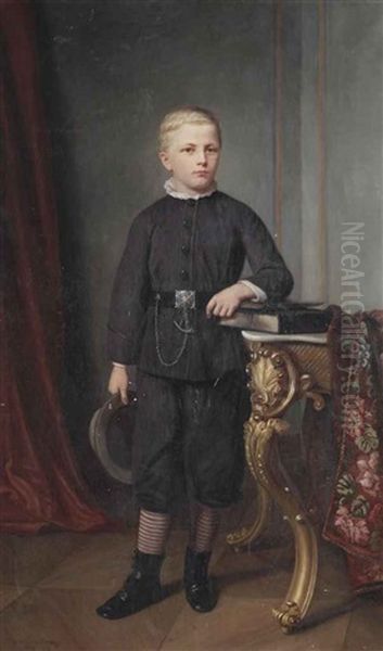 Portrait Of A Boy, Full-length, Wearing A Black Suit And Holding A Hat Standing In An Interior Oil Painting by Clara Wilhelmine Oenicke