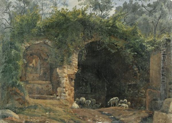 Bewachsene Ruine Mit Schafen Bei Tivoli Oil Painting by Theobald Freiherr von Oer