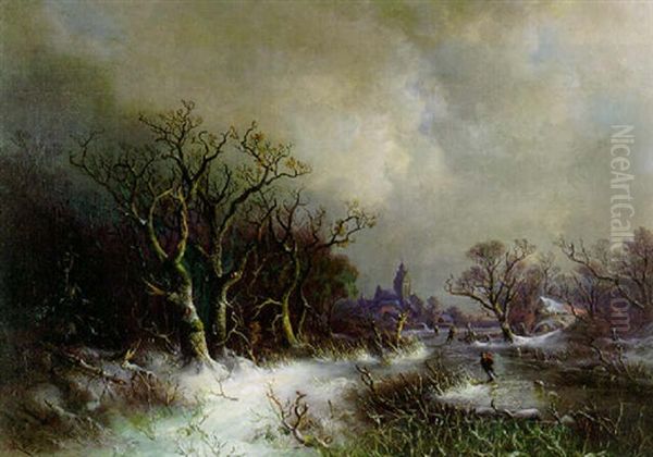 Winterlandschaft Mit Eislaufern Nach Sonnenuntergang Oil Painting by Theobald Freiherr von Oer