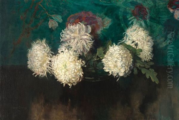 White Chrysanthemums In A Glass Bowl Oil Painting by Frans David Oerder