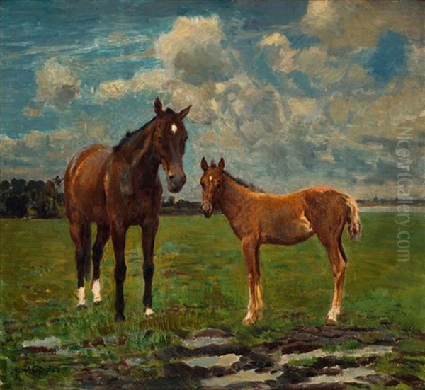 Mare And Foal Oil Painting by Frans David Oerder