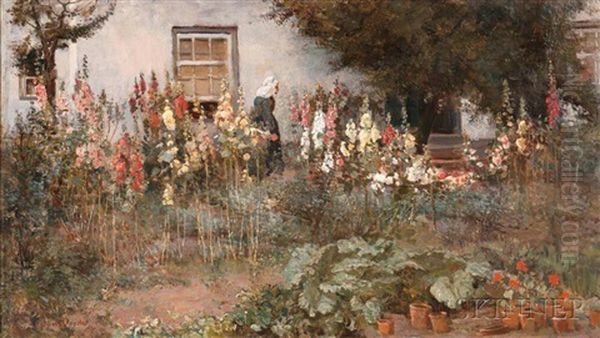 Cottage Garden With Hollyhocks Oil Painting by Frans David Oerder