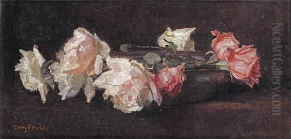 White And Pink Roses In A Bowl Oil Painting by Frans David Oerder