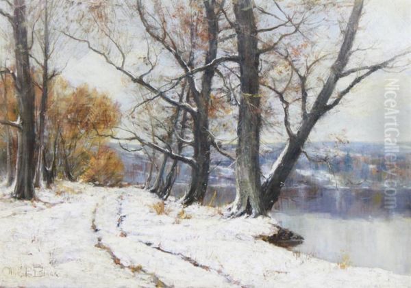 Winter Landscape With Lake Oil Painting by Olive Parker Black