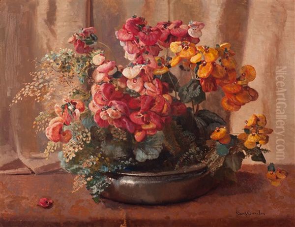 Still Life With Slipperwort In A Brass Dish Oil Painting by Frans David Oerder