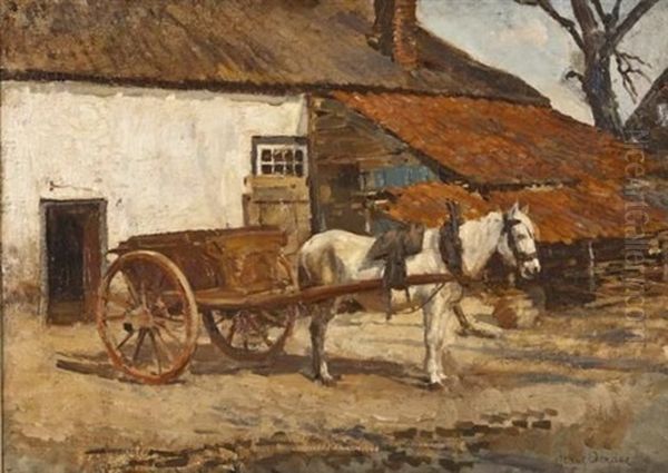 Horse And Carriage In A Farm Yard Oil Painting by Frans David Oerder