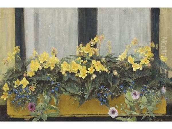 Flowers In A Window Box: Yellow Begonias, Forget-me-nots And Petunias Oil Painting by Frans David Oerder