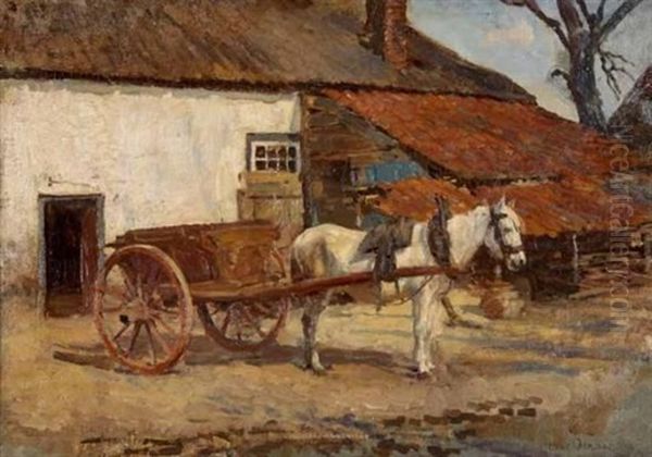 Horse And Carriage In A Farm Yard Oil Painting by Frans David Oerder