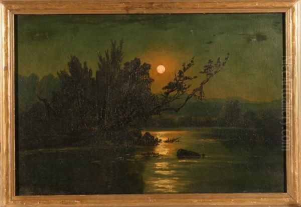 River By Moonlight Oil Painting by Olive Parker Black