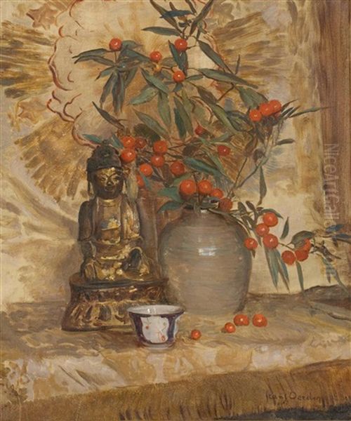 Still Life With A Buddha And A Bowl Of Fruiting Hawthorn Oil Painting by Frans David Oerder