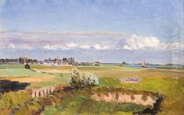 Grassy Landscape With A Dutch City Beyond Oil Painting by Frans David Oerder