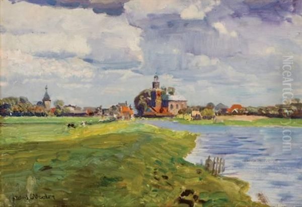 Dutch Meadow And River With A Town In The Background Oil Painting by Frans David Oerder