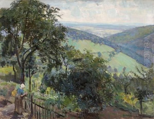 Figure At A Gate, Rolling Hills In The Distance Oil Painting by Frans David Oerder