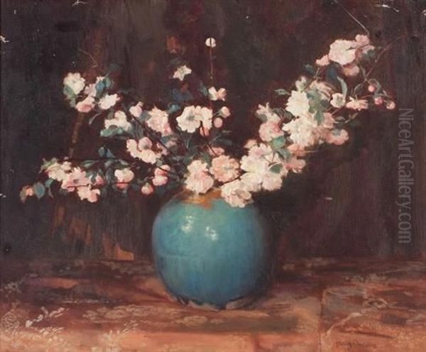 Apple Blossoms In A Turquoise Ginger Jar Oil Painting by Frans David Oerder