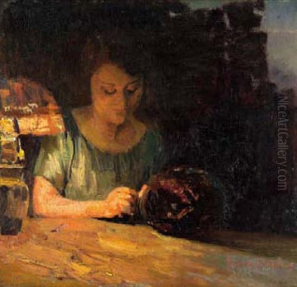 A Woman Sewing By Lamplight Oil Painting by Frans David Oerder