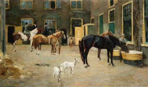 Horses And Riders In A Courtyard Oil Painting by Frans David Oerder