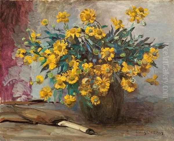 Still Life With Marigolds In A Vase And Garden Trowel Oil Painting by Frans David Oerder