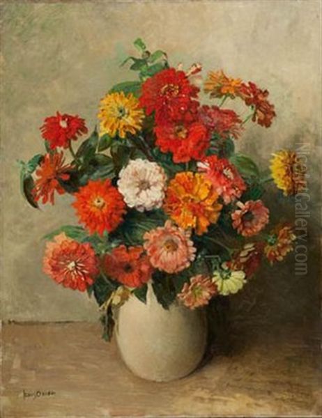 Still Life With Zinnias In A Vase Oil Painting by Frans David Oerder